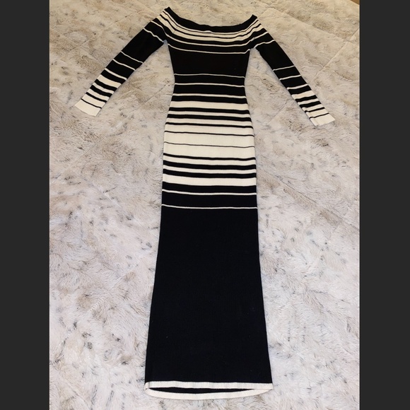 Affection Black White Stripes Off Shoulder Long Sleeve Bodycon Sweater Dress S - Picture 1 of 8